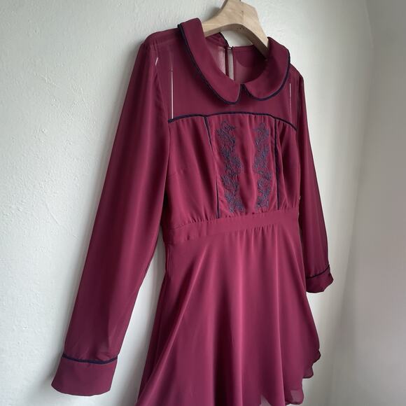 Modcloth NWT Burgundy Pretty Performative Embroider Dress Long Sleeve Retro Sz L - Picture 3 of 14